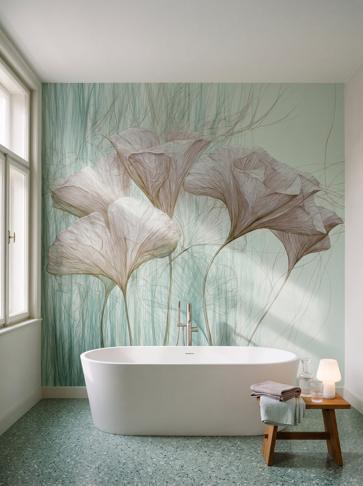 ABALONE mis en scène dans une salle de bain d'un immeuble viennois, devant le mur une baignoire îlot blanche et un tabouret en teck