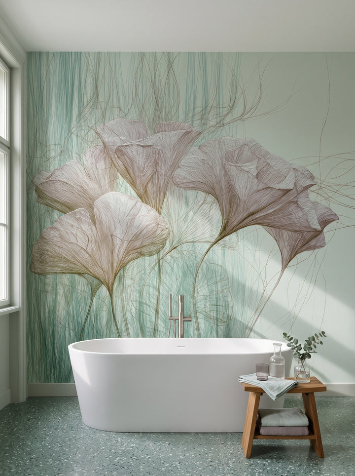 ABALONE mis en scène dans une salle de bain d'un immeuble viennois, devant le mur une baignoire îlot blanche et un tabouret en teck