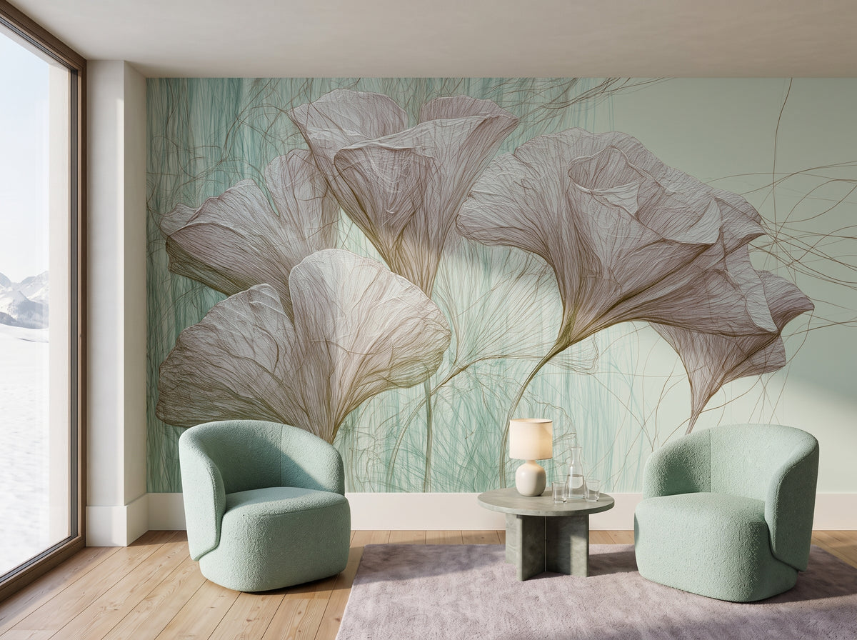 ABALONE mis en scène dans un espace spa d'un hôtel du Tyrol du Sud, devant le mur deux fauteuils menthe et une table en pierre
