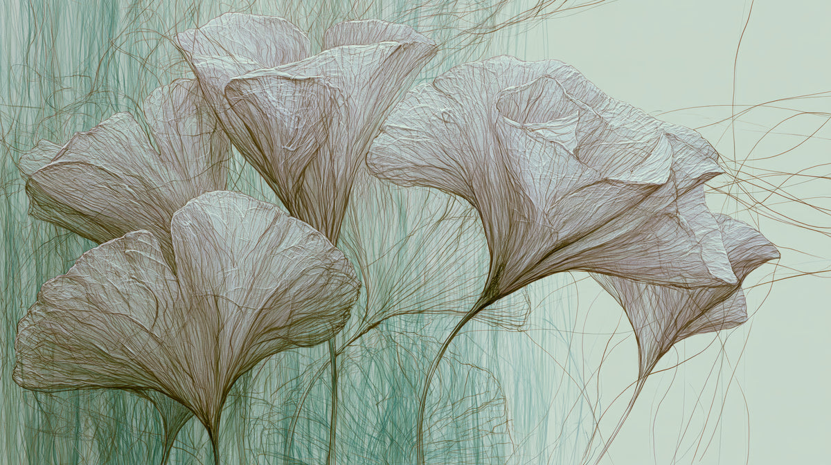 ABALONE – motif entier : six feuilles de ginkgo blanc perle à effet 3D sur un fond menthe strié de lignes verticales