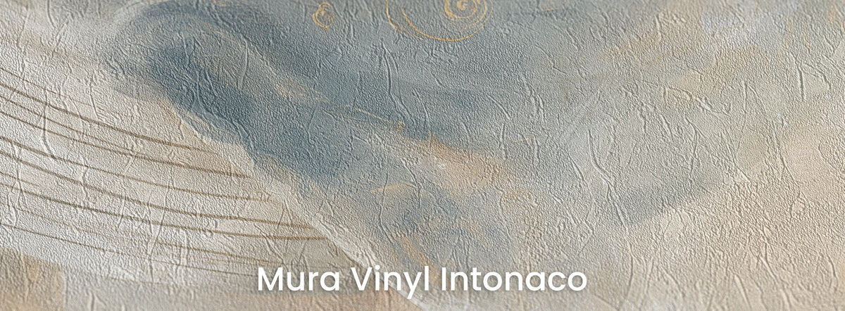 ABOVE THE TIDE auf dem Trägermaterial Mura Vinyl Intonaco – graublauer Rücken und goldene Spiralen auf Reibeputz-Struktur