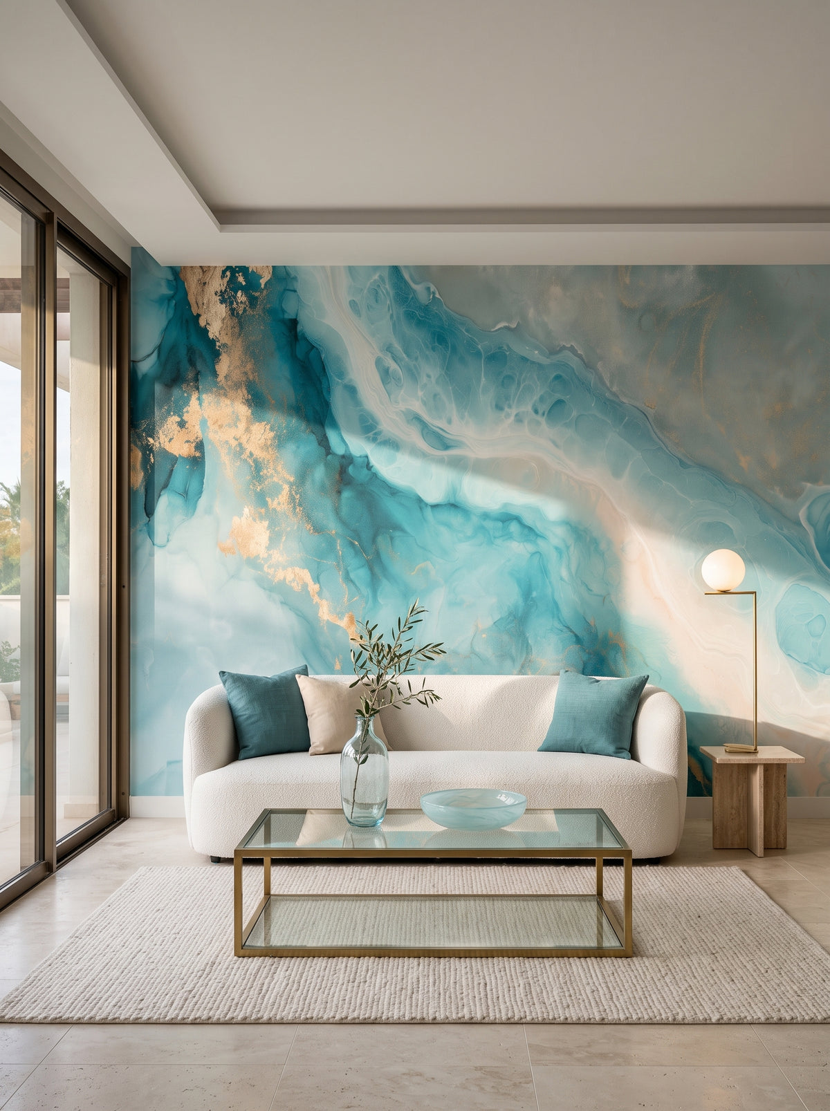 AERIAL ATOLL dans une mise en scène de salon : turquoise vif et courant blanc derrière un canapé blanc bas et une table basse en verre
