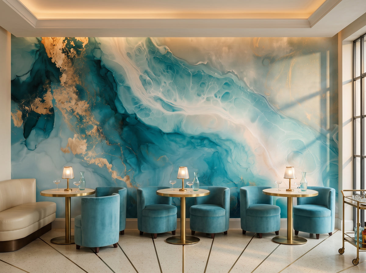 AERIAL ATOLL dans une mise en scène de bar à cocktails : mur entier au-dessus de tables rondes et de fauteuils turquoise