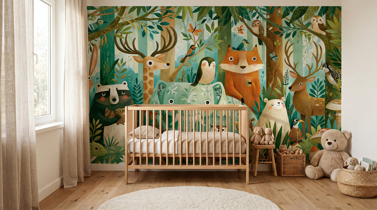EMERALD THICKET - malarska tapeta z leśnymi zwierzętami — KIDS room - baby cot