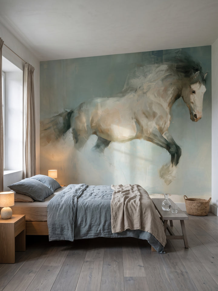 AIRBORNE GREY en la ambientación de un dormitorio: caballo gris en salto sobre una cama baja de roble con ropa de lino y un banco