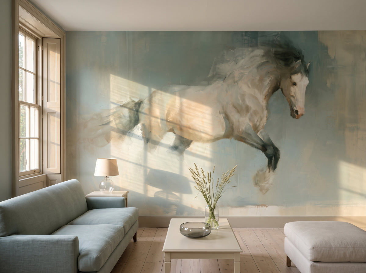 AIRBORNE GREY in der Raumgestaltung eines Wohnzimmers: ganzes Pferd an der Wand hinter niedrigem Leinensofa in Entenei-Blau und hellem Tisch