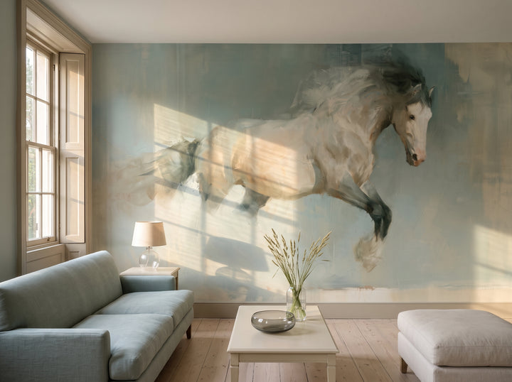 AIRBORNE GREY en la ambientación de un salón: caballo entero en la pared tras un sofá bajo de lino color huevo de pato y una mesa clara