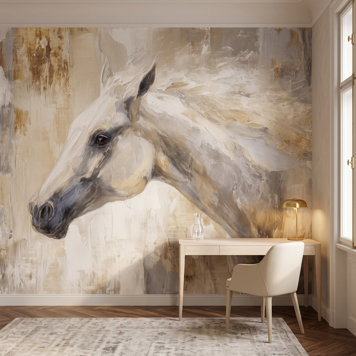 ALABASTER PROFILE en una ambientación de despacho: escritorio de madera clara y sillón crema a la derecha, y a su lado toda la cabeza del caballo