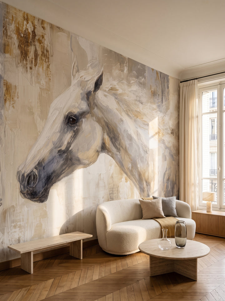 ALABASTER PROFILE en una ambientación de salón en un apartamento de París: sofá claro y mesa de travertino ante la parte derecha de la pared