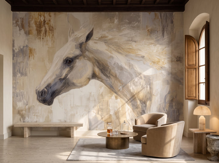 ALABASTER PROFILE en una ambientación de vestíbulo de hotel en Florencia: sillones color arena y mesa de bronce a la derecha, cabeza del caballo despejada