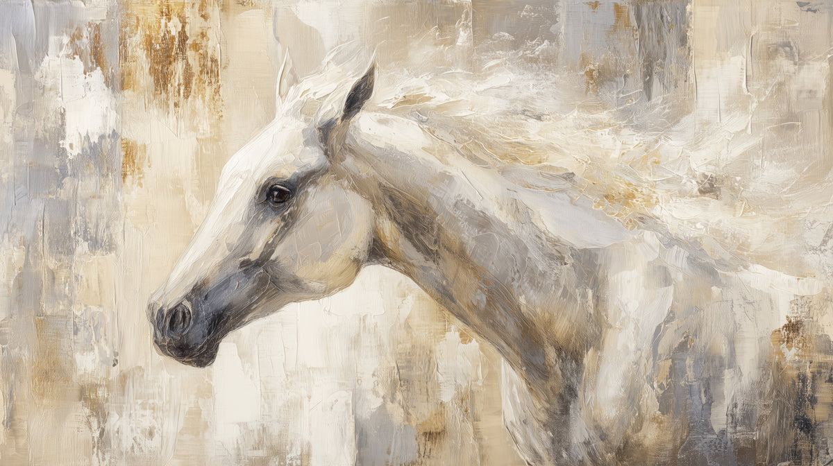 ALABASTER PROFILE, diseño completo: cabeza de caballo blanco de perfil hacia la izquierda, crin al viento sobre blanco, gris y ocre