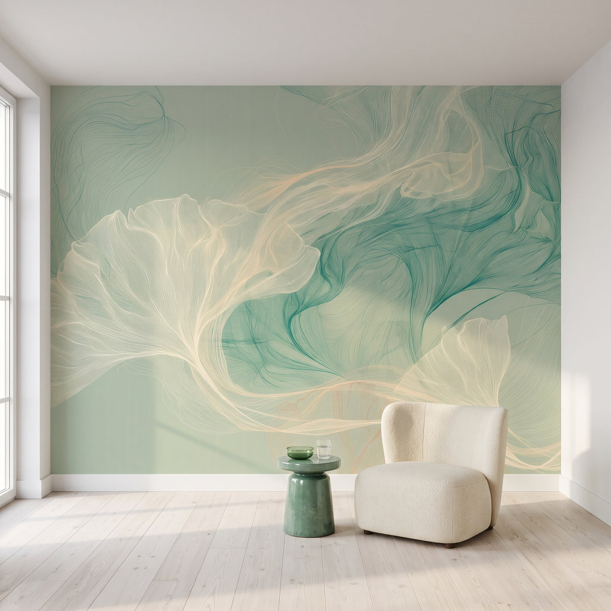 ALOE SHAWL w aranżacji salonu w sztokholmskim apartamencie, przed ścianą kremowy fotel i jadeitowy stolik