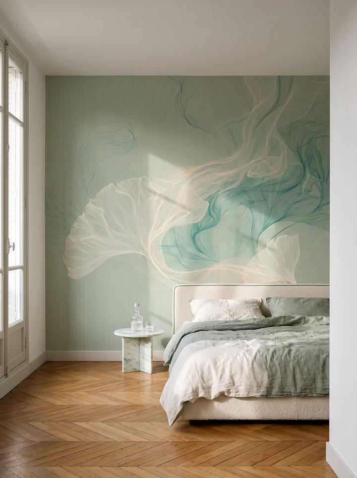 ALOE SHAWL w aranżacji sypialni w paryskim apartamencie z lat 30., przed ścianą niskie łóżko i marmurowy stolik