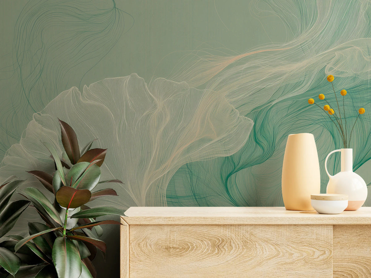 ALOE SHAWL z bliska – kremowy liść i zielone nitki nad komodą z wazonami i fikusem