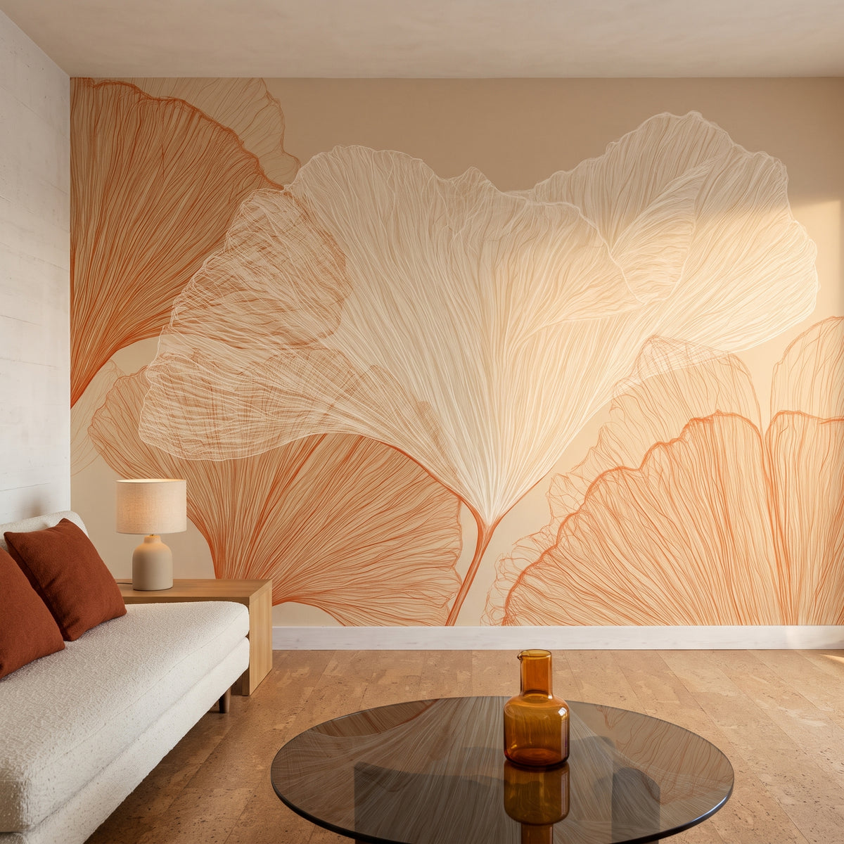 AMPHORA in a living room setting in a concrete house on the Costa Brava, with a low cream sofa and a smoked glass table in front of the wall