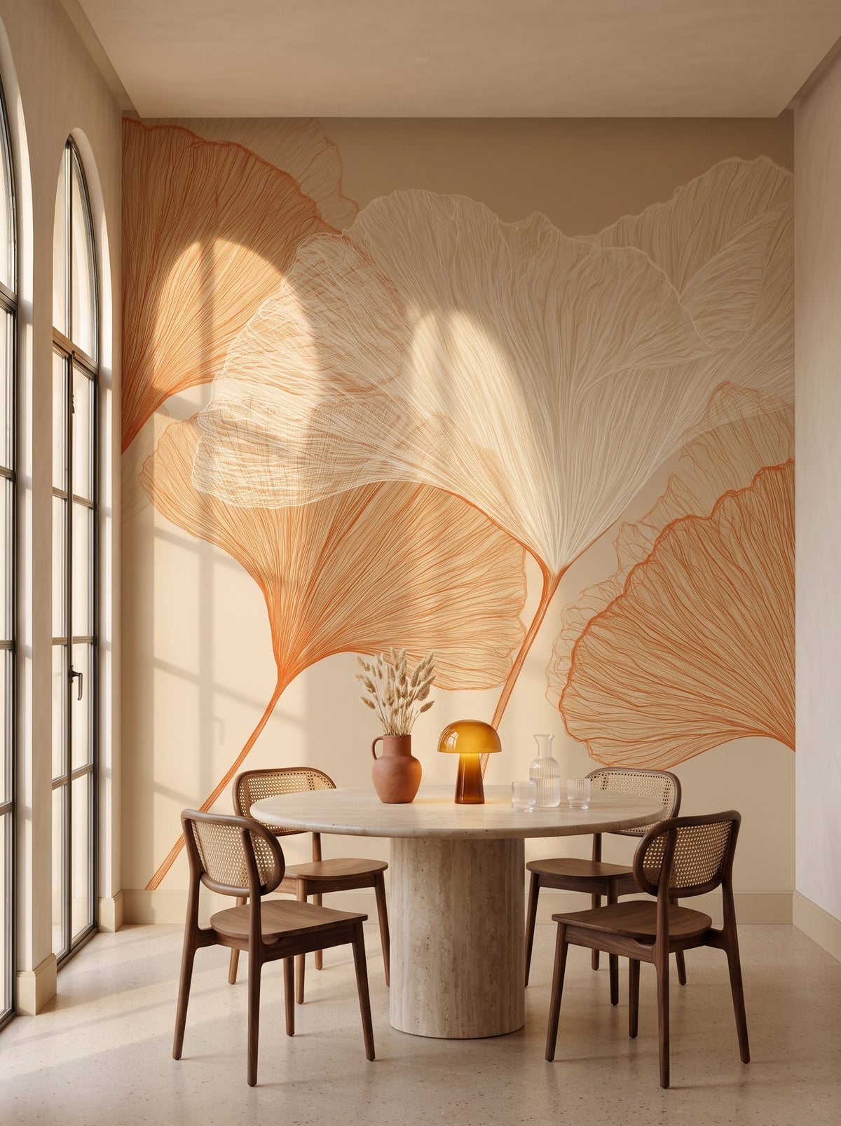 AMPHORA in a dining room setting in an Art Deco villa in Casablanca, with a round travertine table and walnut chairs in front of the wall
