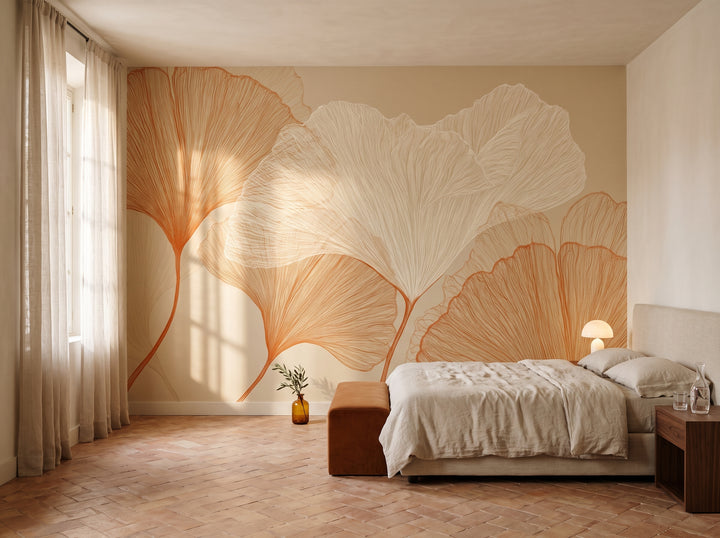 AMPHORA mis en scène dans une suite d'un hôtel boutique de Séville, devant le mur un lit bas au linge de lin et un banc