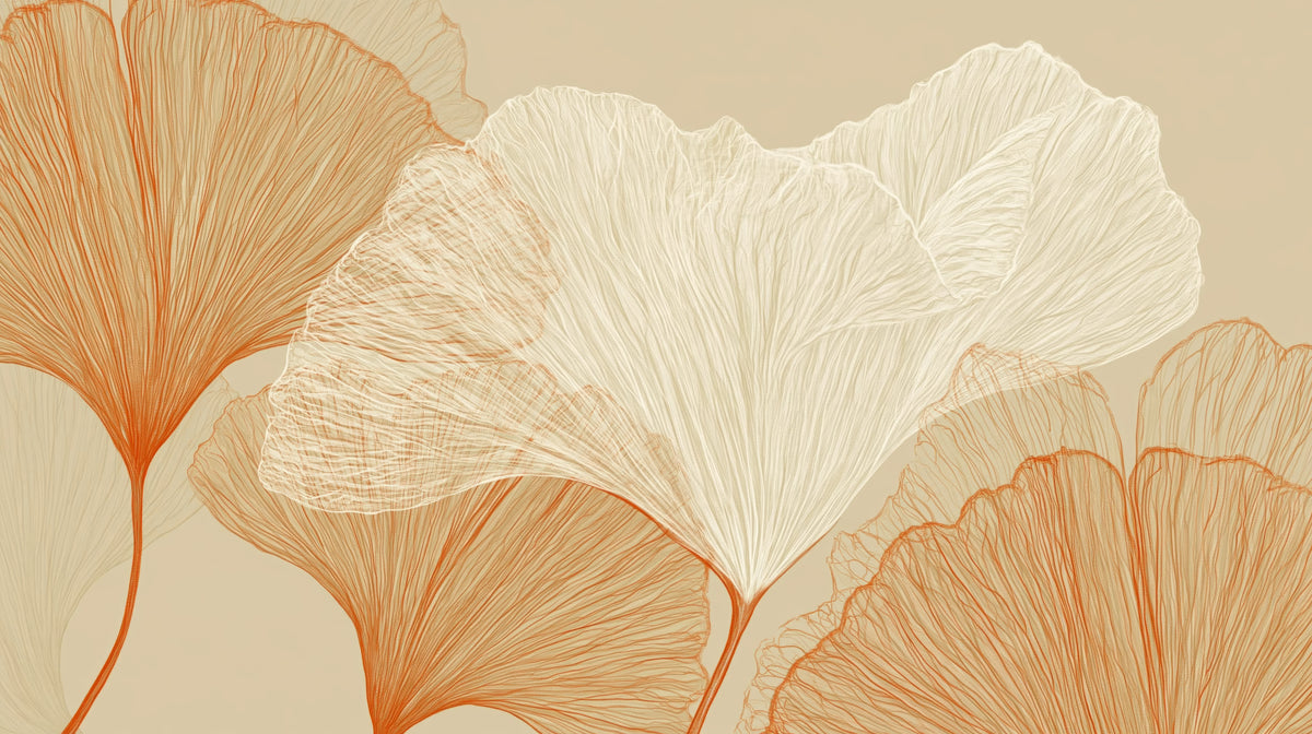 Pattern preview: AMPHORA – the full design: a cream ginkgo leaf in the middle, terracotta and rust fans by the edges, a sandy background