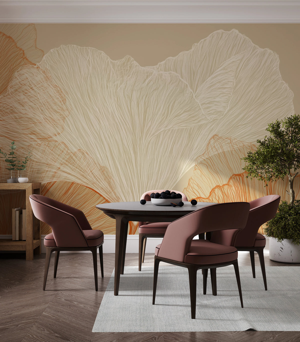 AMPHORA across the whole wall of a dining room behind a round table and pink chairs; the cream fan is twice as wide as the table