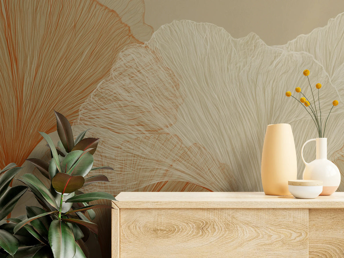 AMPHORA close up above an oak chest of drawers with vases: fine cream veins and a terracotta leaf on the left