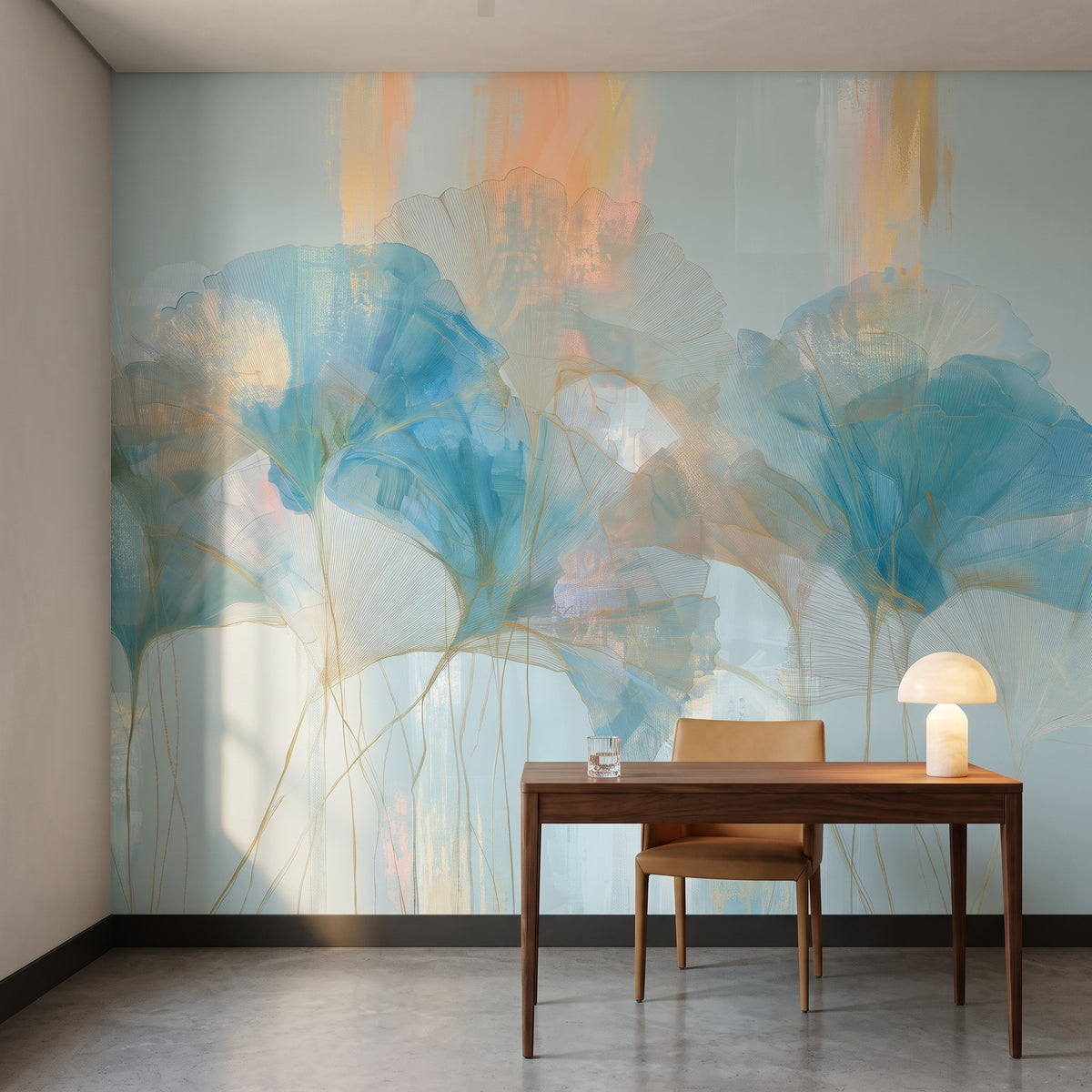 APRICOT CIRRUS mis en scène dans un bureau d'une ancienne banque à Montréal, devant le mur un bureau en noyer et une chaise en cuir