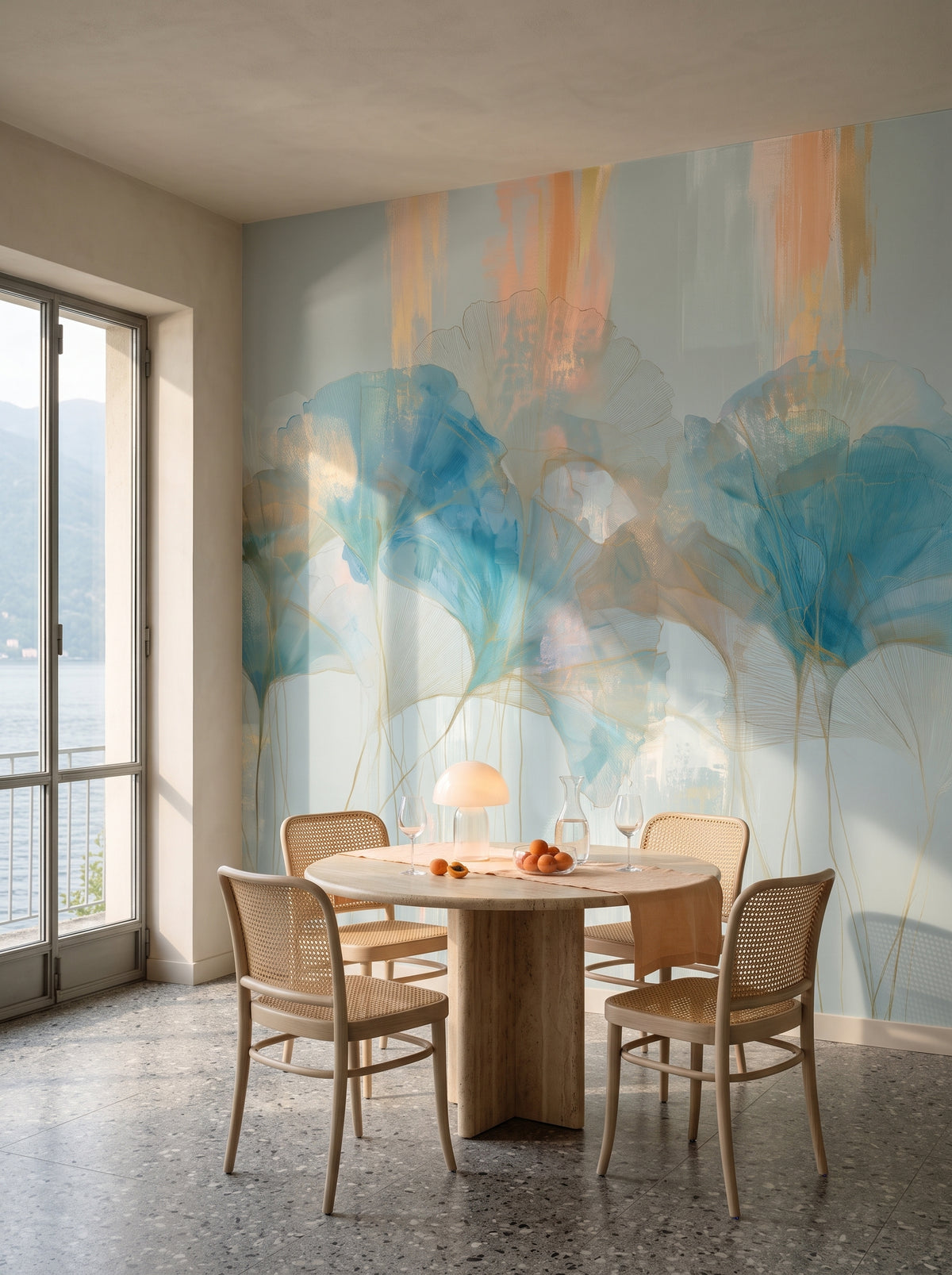 APRICOT CIRRUS mis en scène dans une salle à manger d'une villa du lac de Côme, devant le mur une table ronde en travertin et des chaises tressées