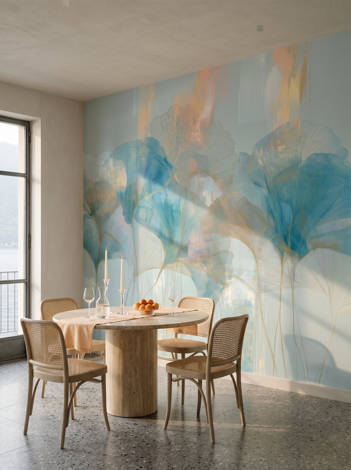 APRICOT CIRRUS en una ambientación de comedor en una villa junto al lago de Como, con una mesa redonda de travertino y sillas de fibra trenzada delante