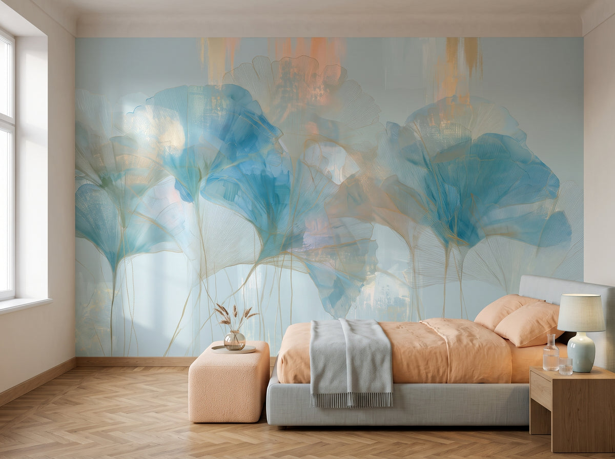 APRICOT CIRRUS mis en scène dans une suite d'hôtel à Riga, devant le mur un lit bas au linge de lit abricot