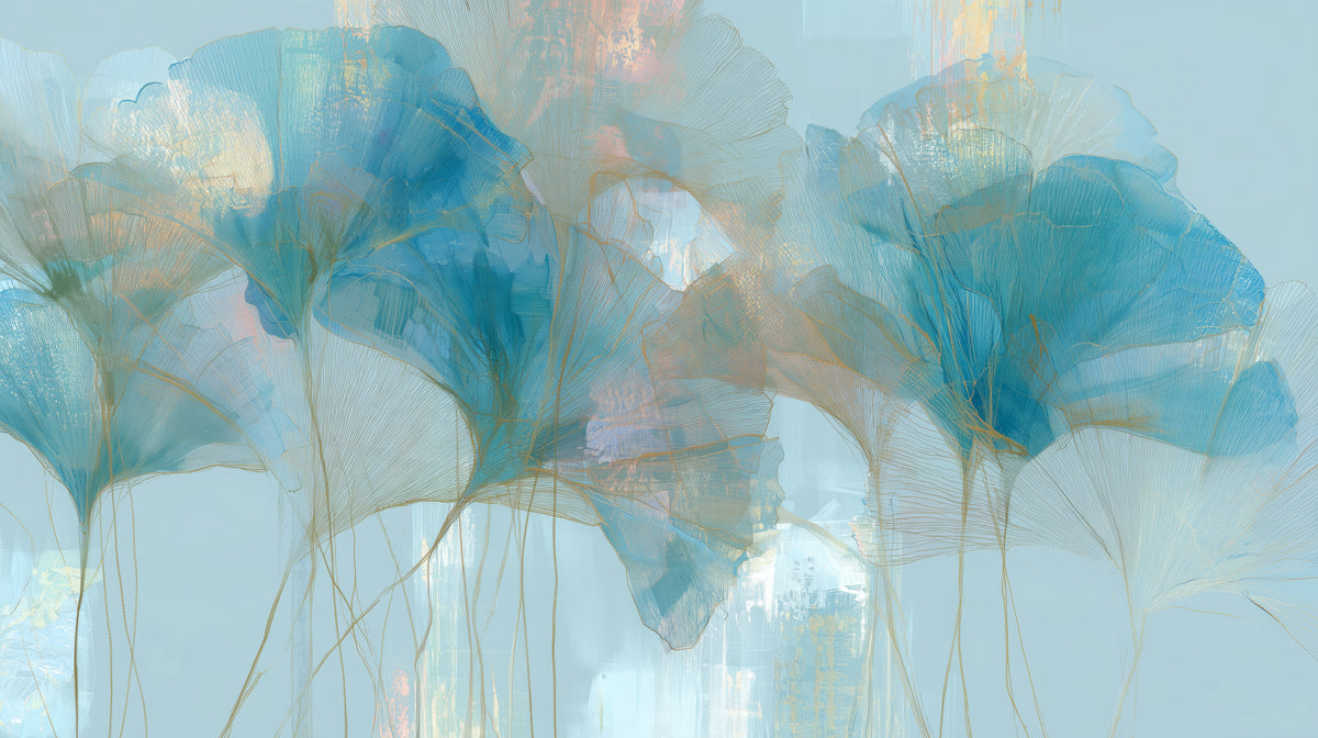 APRICOT CIRRUS – motif entier : deux groupes de feuilles de ginkgo bleues et traînées de pinceau pêche au-dessus