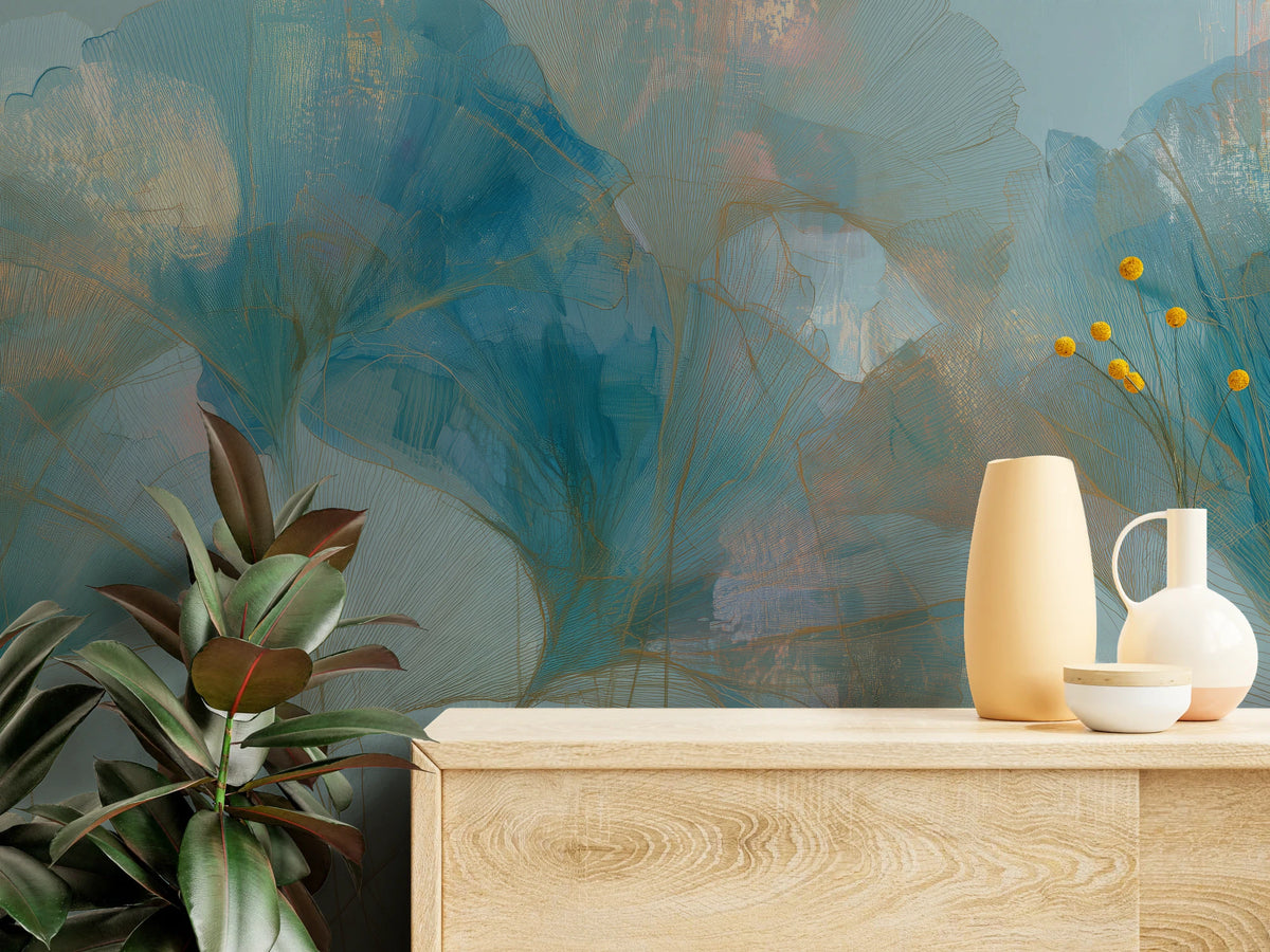 APRICOT CIRRUS de près – feuilles azur et usures abricot derrière une commode claire avec des vases
