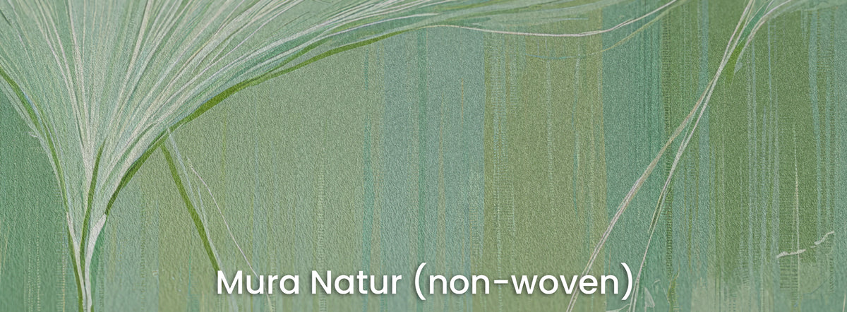 APRIL RAIN auf Mura Natur – mattes Vlies unter dem salbeigrünen Hintergrund und den Fächern