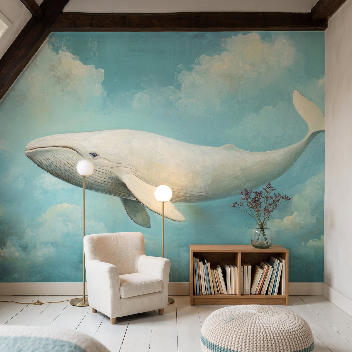 AQUA DREAMER in der Raumgestaltung einer Leseecke: Wal von Maul bis Schwanzflosse, vor der Wand ein weißer Sessel, Bücherregal und zwei Stehlampen