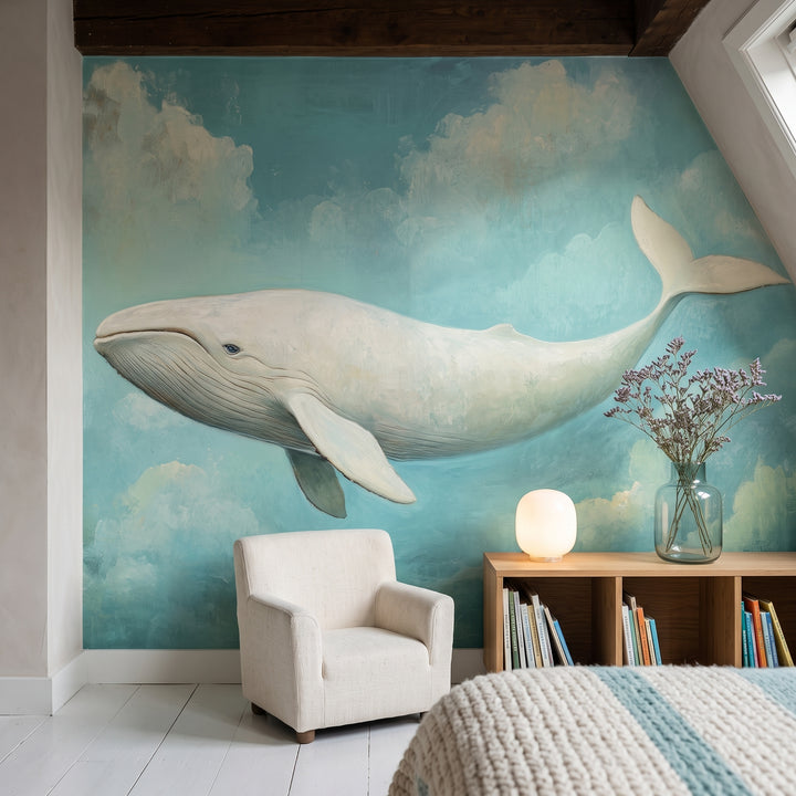AQUA DREAMER, mise en scène d’un coin lecture : baleine entière, du museau à la queue, au-dessus d’un fauteuil blanc et d’une étagère à livres, lampe et vase