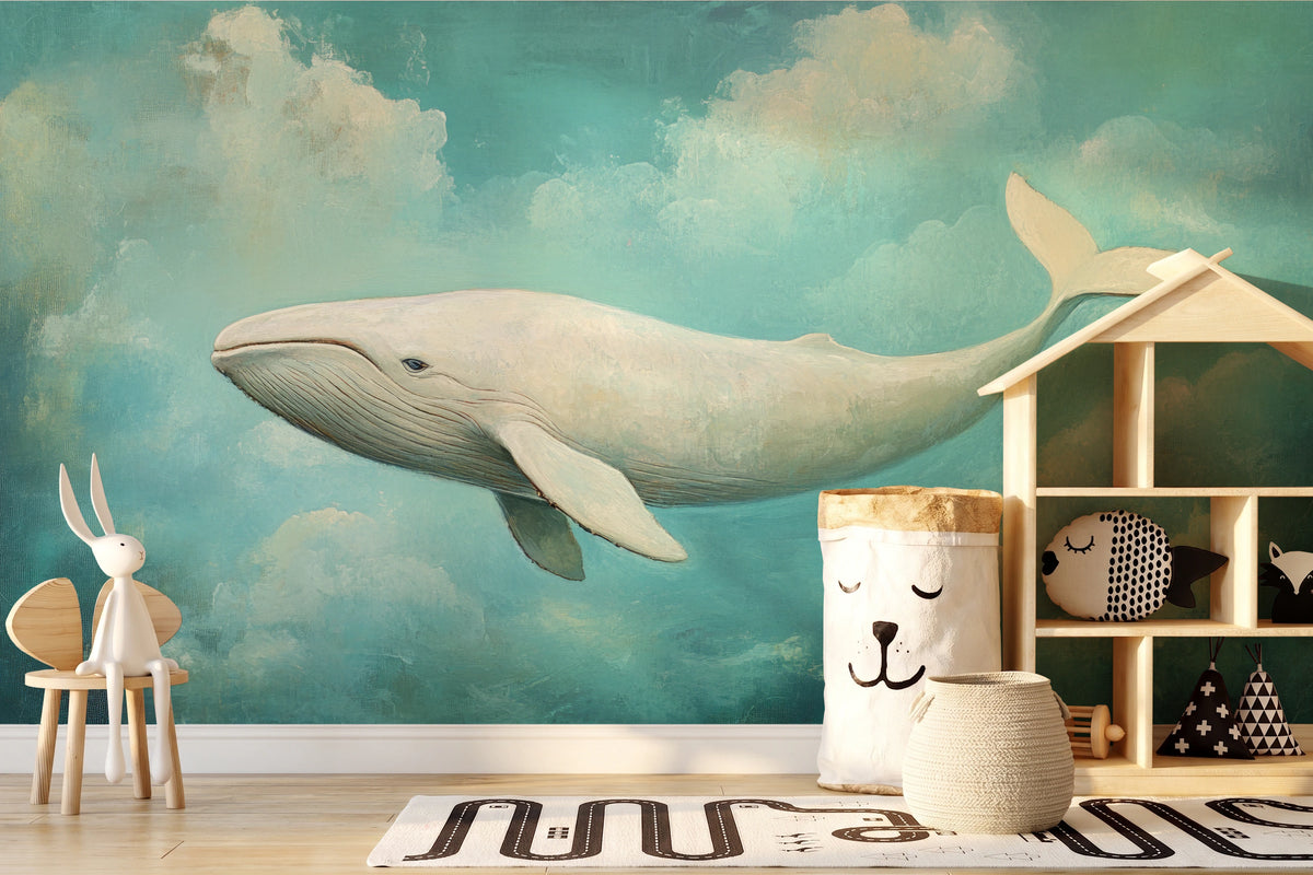 AQUA DREAMER auf der ganzen Wand eines Kinderzimmers: Wal reicht vom Stuhl mit weißem Kaninchen bis zum Holzregal in Hausform