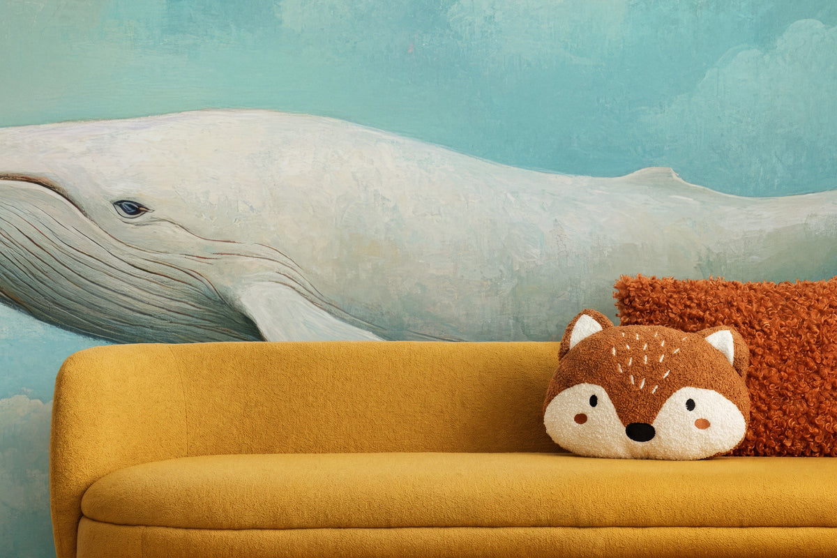 AQUA DREAMER aus der Nähe: Kopf des Wals mit Auge und Kehlfurchen über einem senffarbenen Sofa mit Kissen in Fuchsform