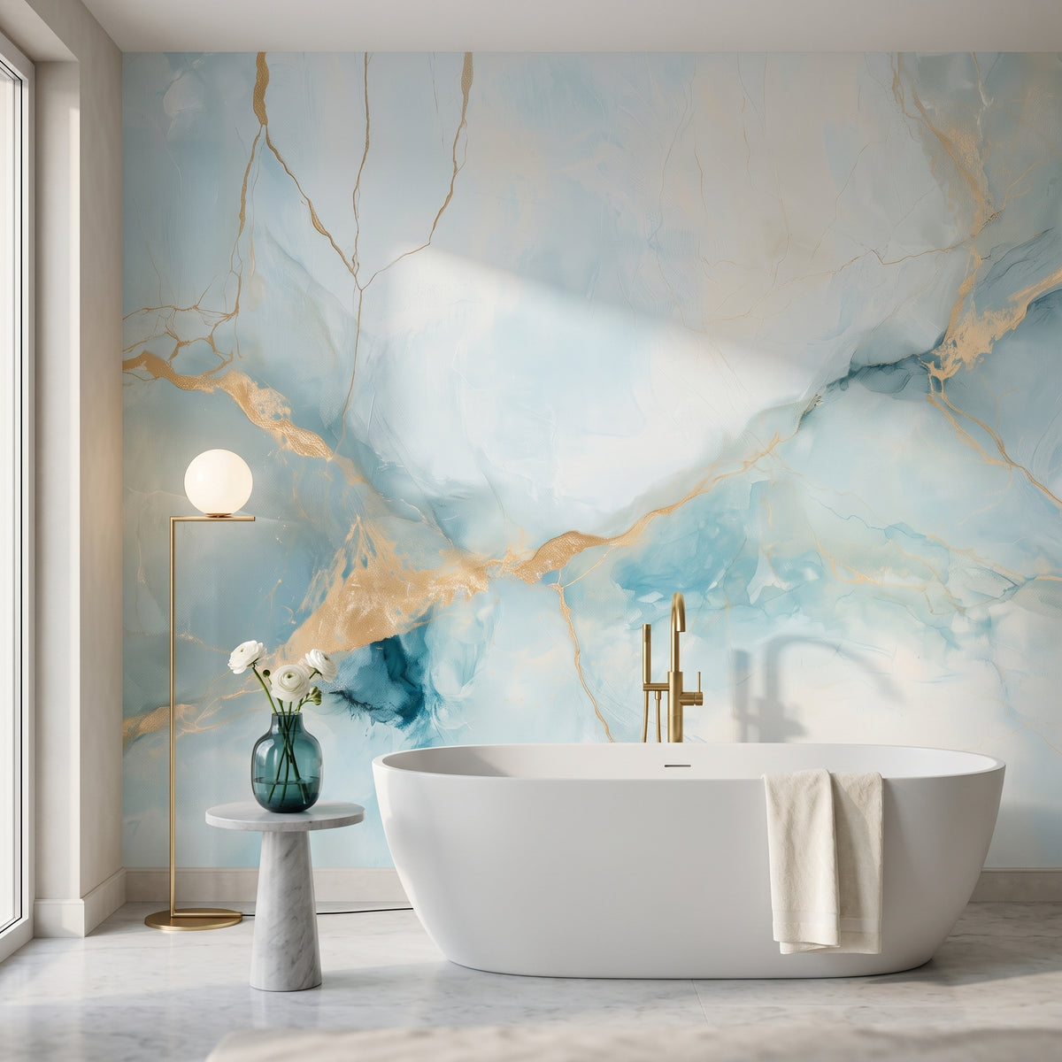 AQUAMARINE DELTA nell'ambientazione di un bagno: porzione di parete con vena dorata sopra una vasca bianca freestanding