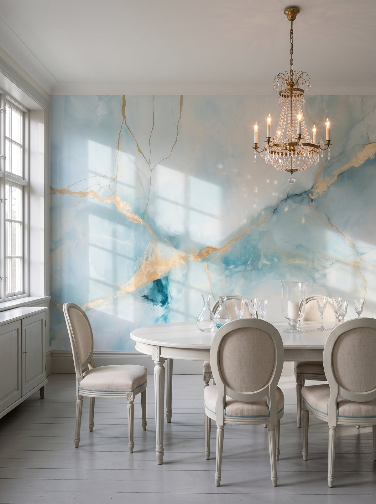 AQUAMARINE DELTA nell'ambientazione di una sala da pranzo: carta da parati come marmo azzurro pastello dietro un tavolo ovale bianco e sedie in lino