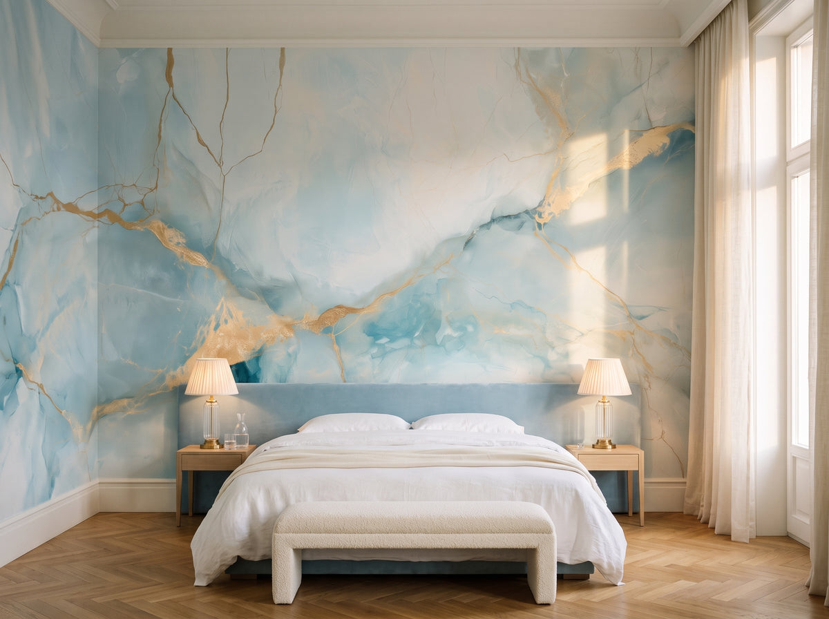 AQUAMARINE DELTA nell'ambientazione di una camera da letto: intera parete dietro il letto con testiera bassa azzurra e lampade in ottone