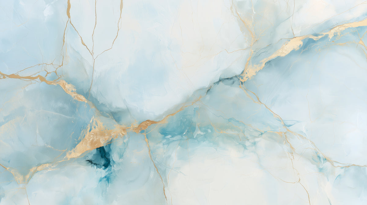 Anteprima del motivo: AQUAMARINE DELTA – fantasia completa: disegno di marmo azzurro pastello con venature oro chiaro a forma di V ampia