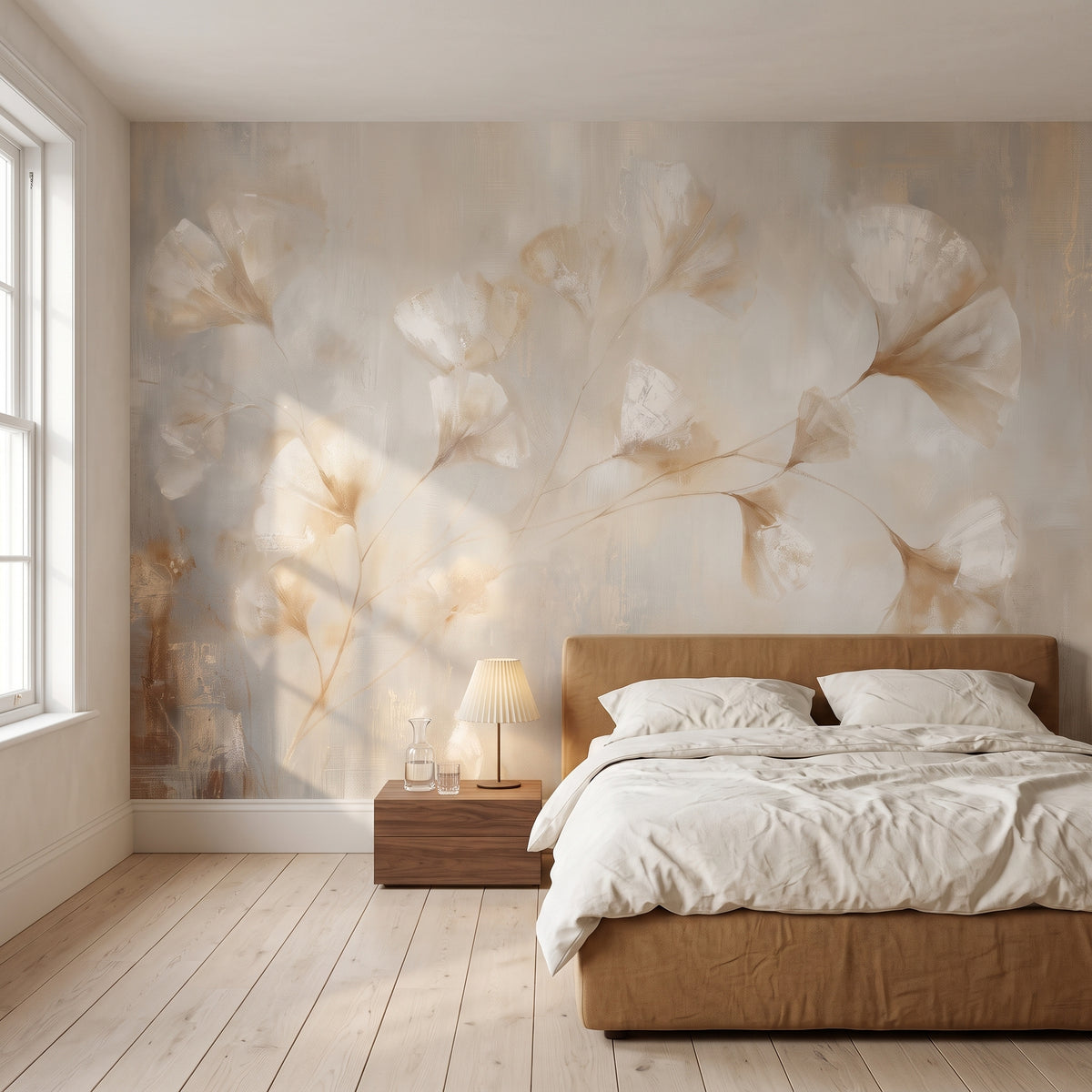ARABESQUE in a bedroom setting in a Georgian townhouse in Bath, with a bed with a caramel headboard in front of the wall