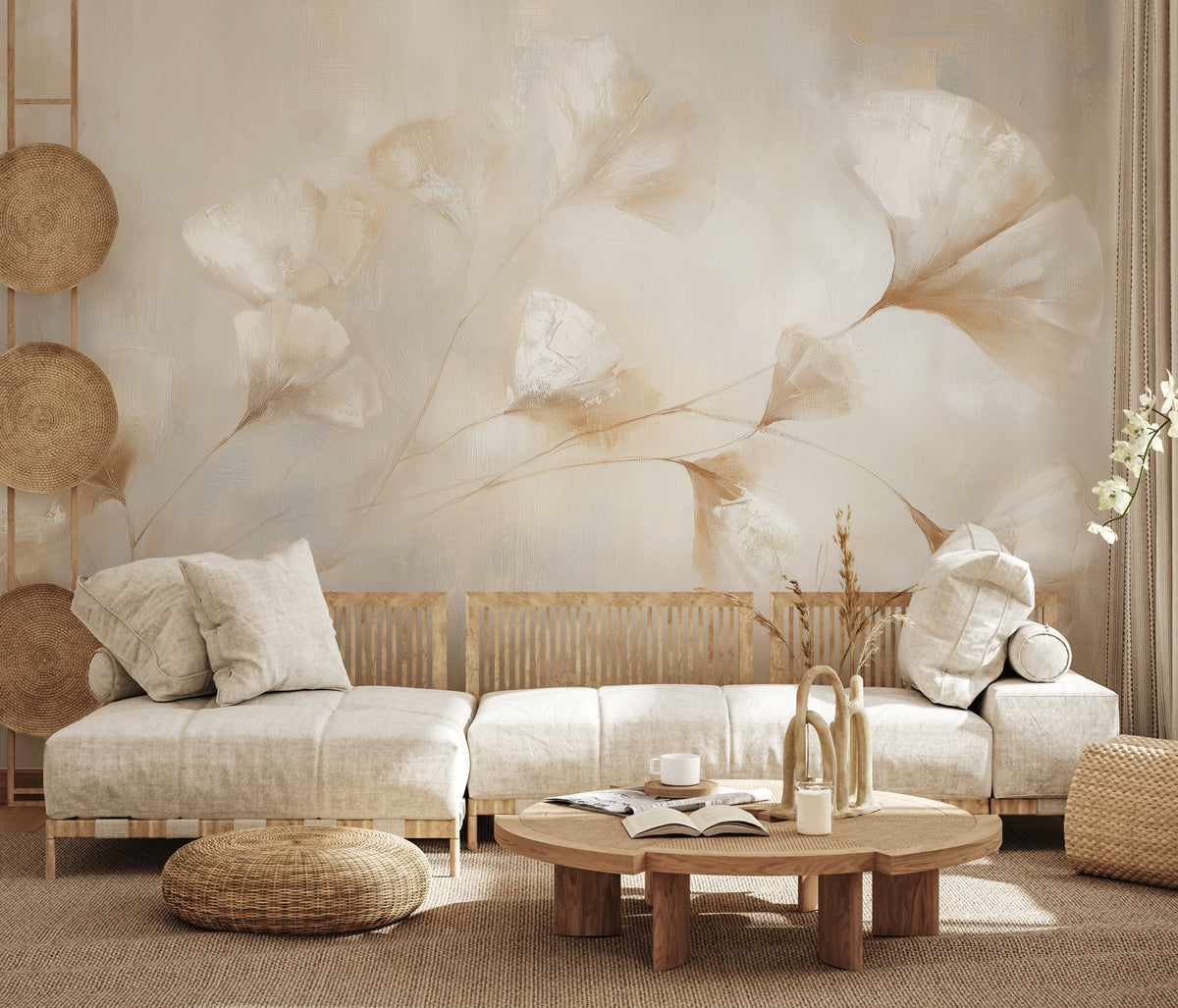 ARABESQUE across the whole wall of a rustic living room – a pair of large leaves floats above the right end of a wooden sofa