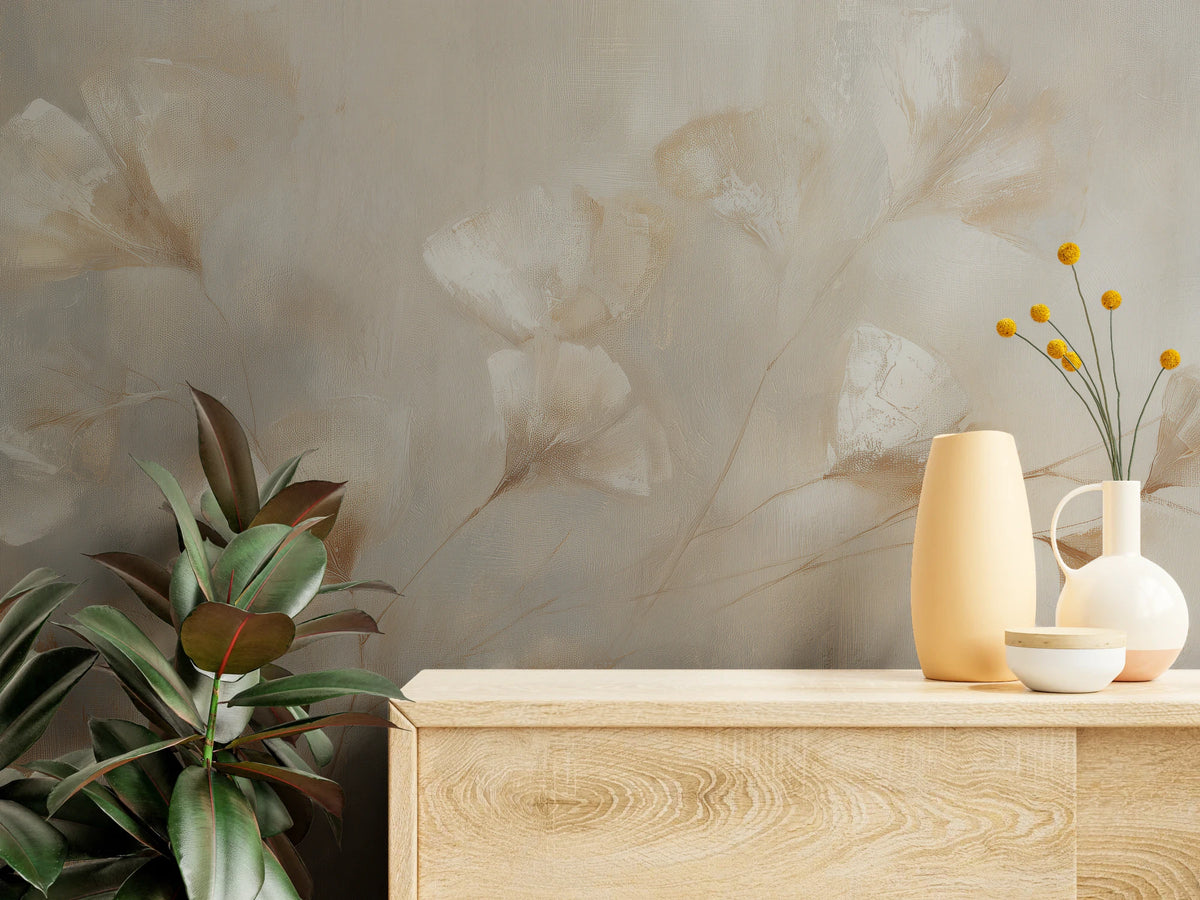 ARABESQUE close up – caramel stems and brushstrokes on the leaves behind an oak chest of drawers