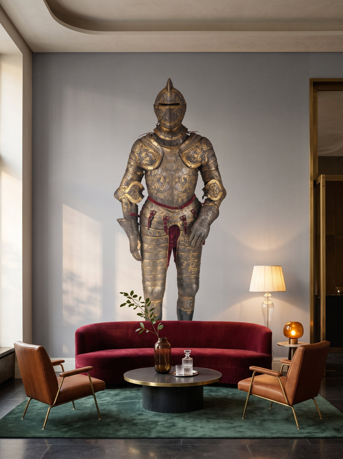Fototapeta artystyczna o nazwie Fototapeta „Zbroja Henryka II, Króla Francji” (z połowy XVI wieku) w aranżacji wnętrza: lobby lounge butikowego hotelu designerskiego.