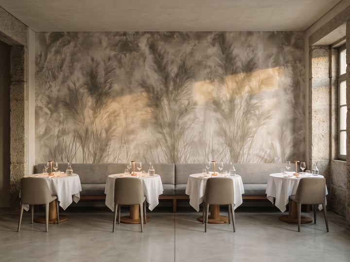 ASHEN SPIRES w aranżacji restauracji w granitowym młynie pod Porto, przed ścianą długa szara ława i stoliki z białymi obrusami