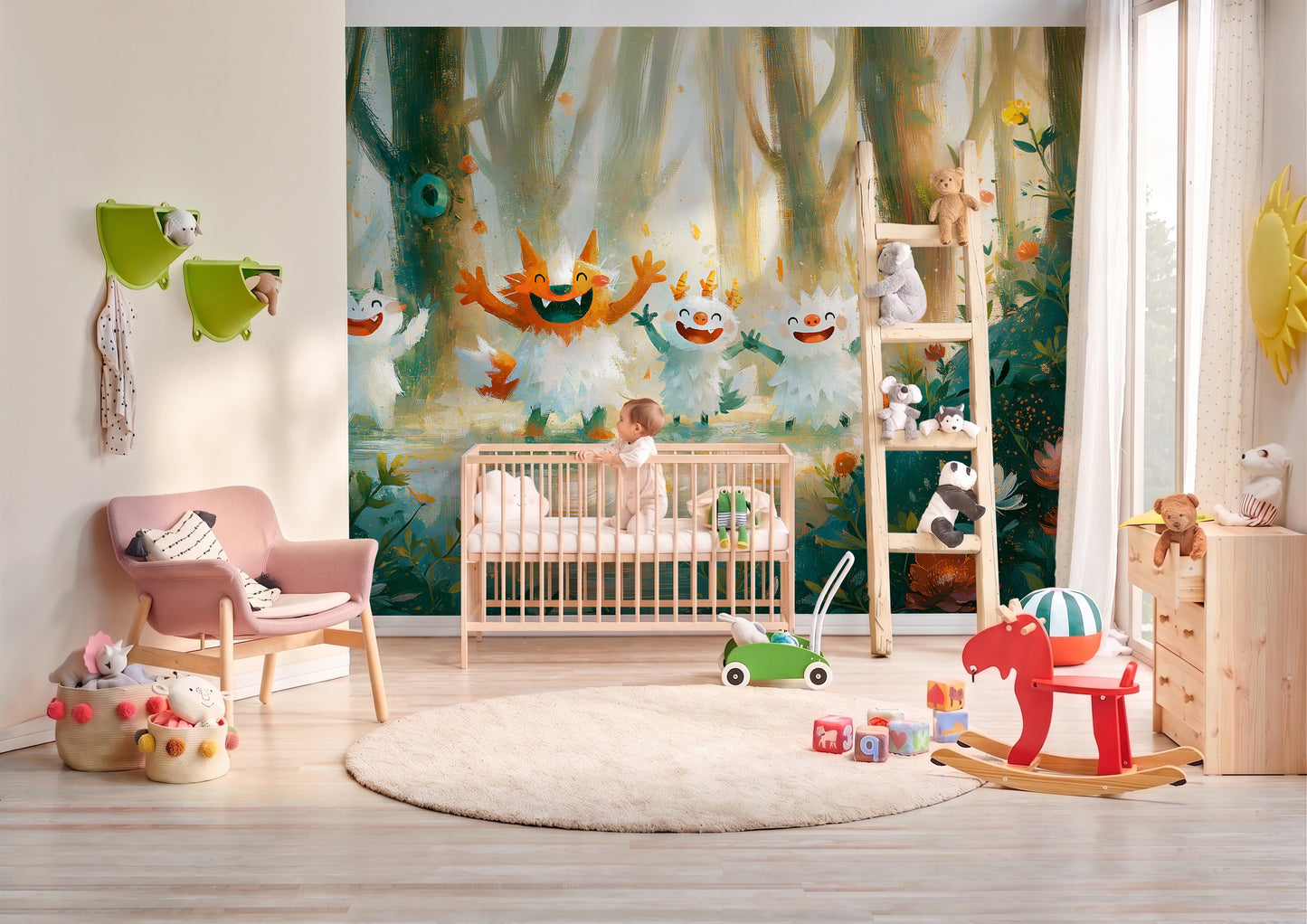 MERRY SPRITES - malowana leśna polana z wesołymi stworkami — BABY'S ROOM WITH A COT AND A BABY