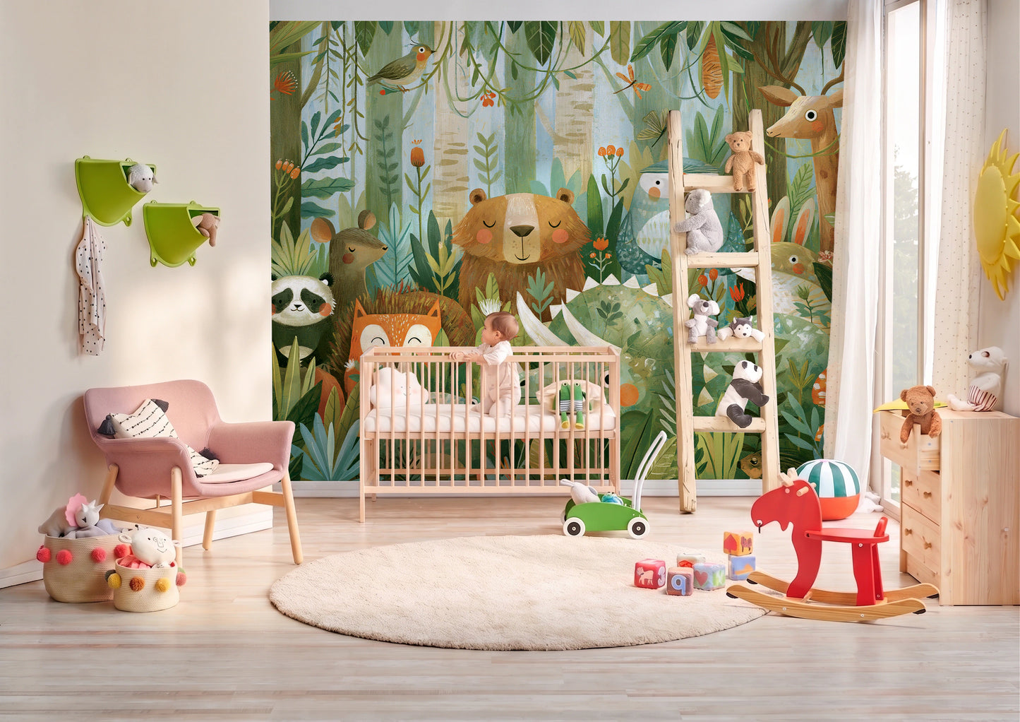 FOREST FRIENDS - fototapeta z leśnymi zwierzętami dla dzieci — BABY'S ROOM WITH A COT AND A BABY
