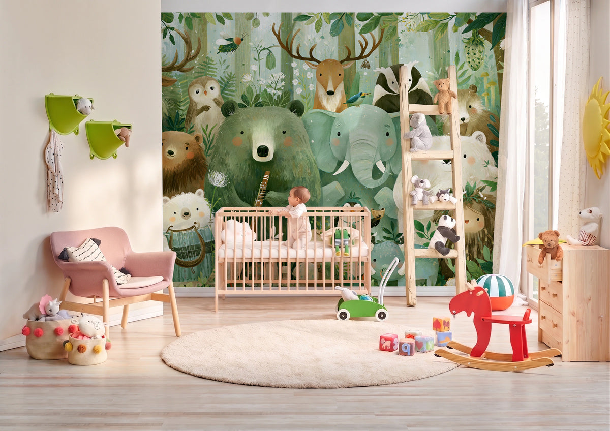 WOODLAND ORCHESTRA - leśny koncert zwierząt w akwareli — BABY'S ROOM WITH A COT AND A BABY