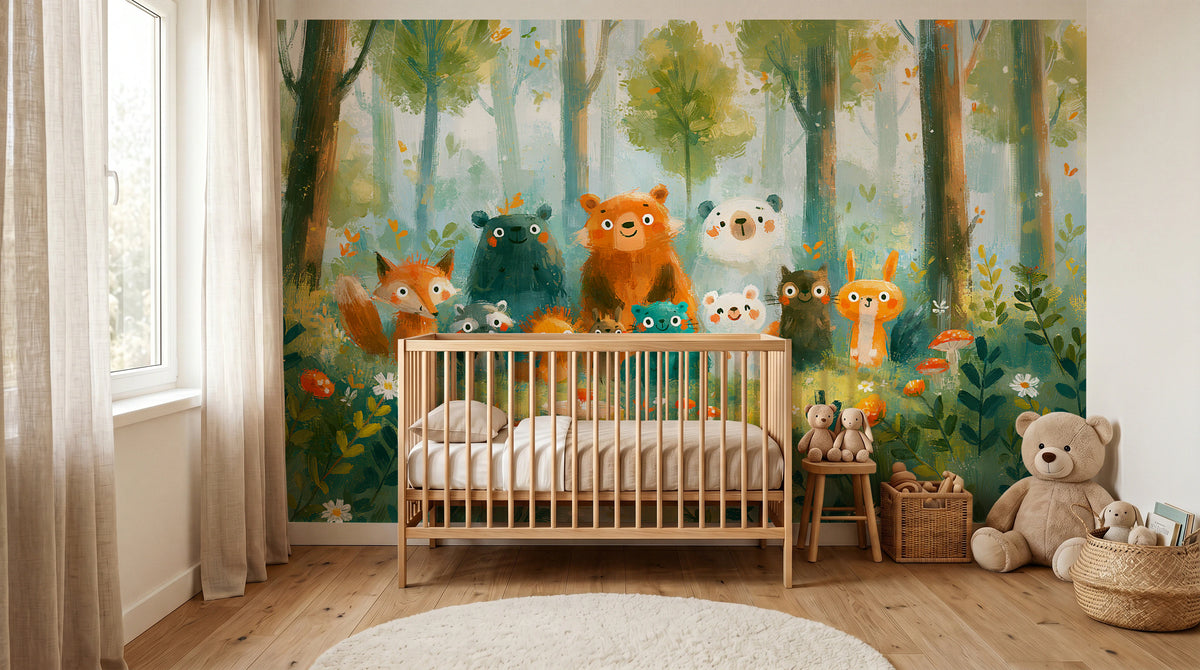 SUNLIT CLEARING - tapeta z leśnymi zwierzętami na polanie — KIDS room - baby cot
