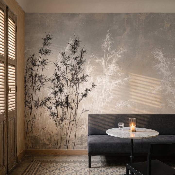 BAMBOO AND BONE in an intimate restaurant setting with a graphite bench and a marble table with a candle under a glass cloche