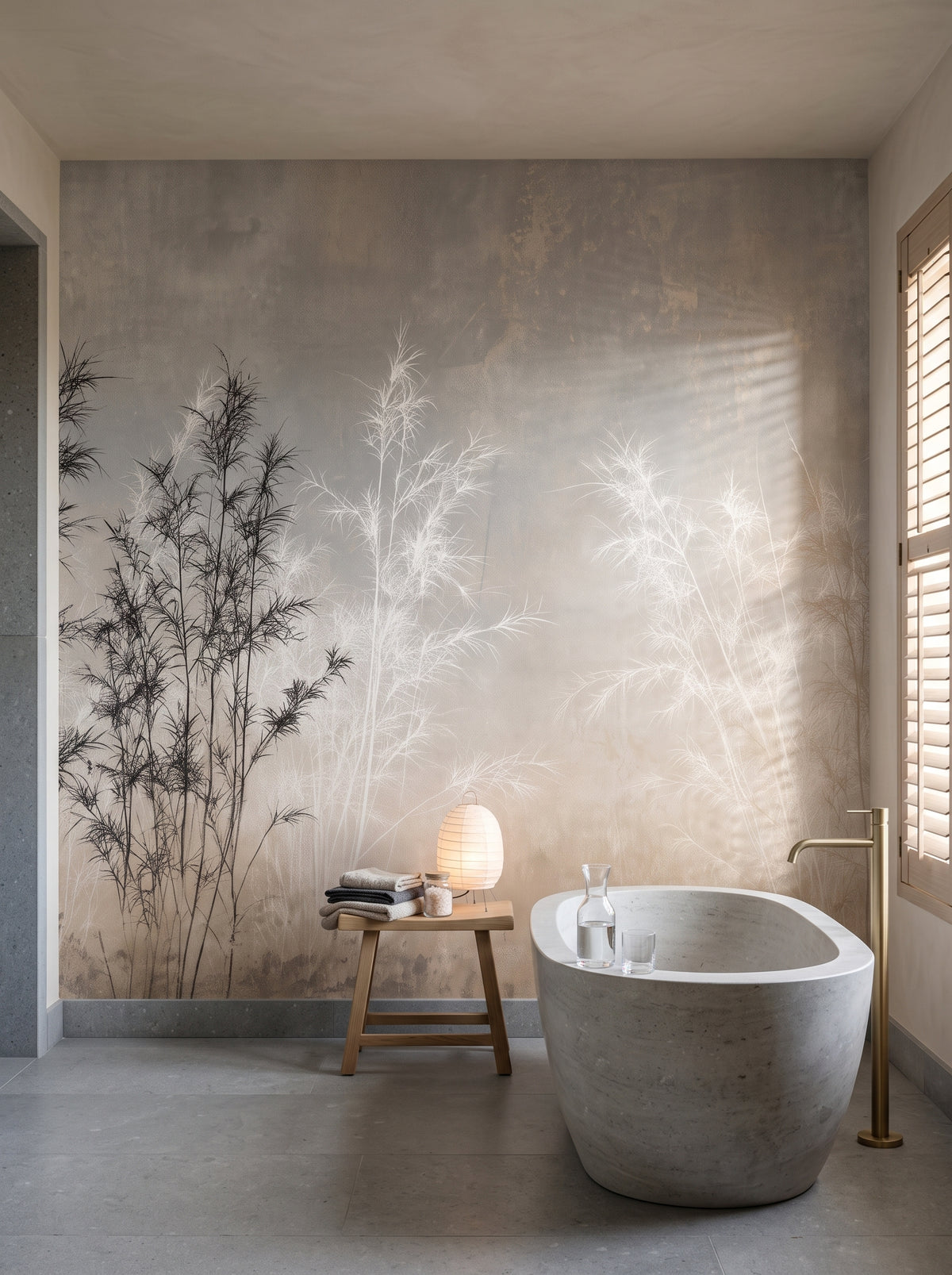 BAMBOO AND BONE in der Raumgestaltung eines Spa-Badezimmers mit Steinbadewanne und niedrigem Hocker mit Handtüchern